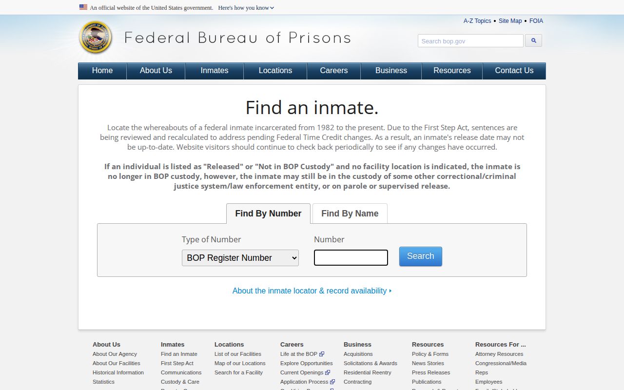 Federal BOP search options for Pearl River County released inmate verification